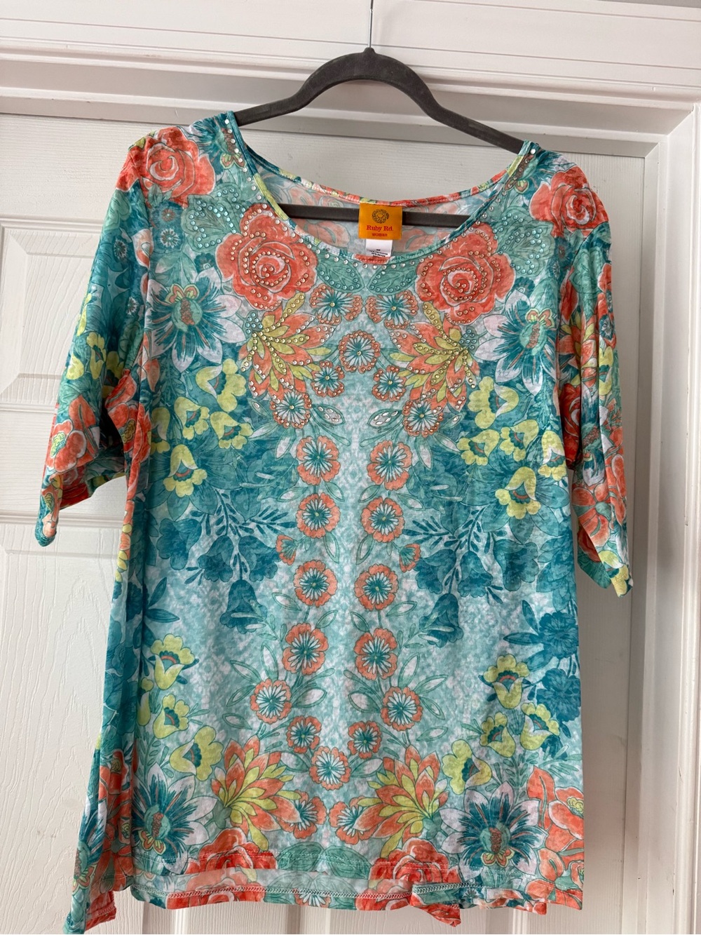 Ruby Rd. Teal & Coral Floral Scoop Neck Short Sleeve Top